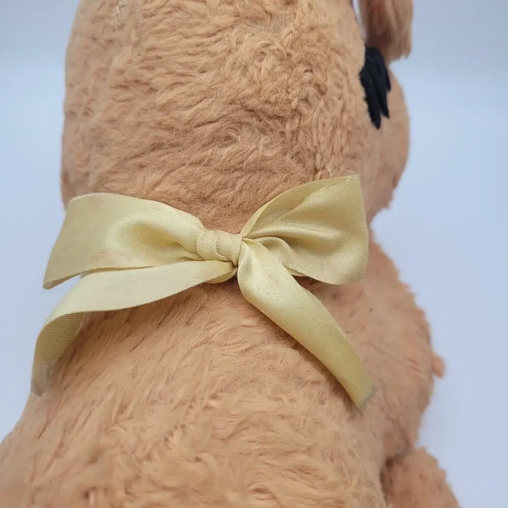 Vintage 1960s Carnival Prize Sleeping Puppy Dog Plush Yellow Ribbon Felt Eyes